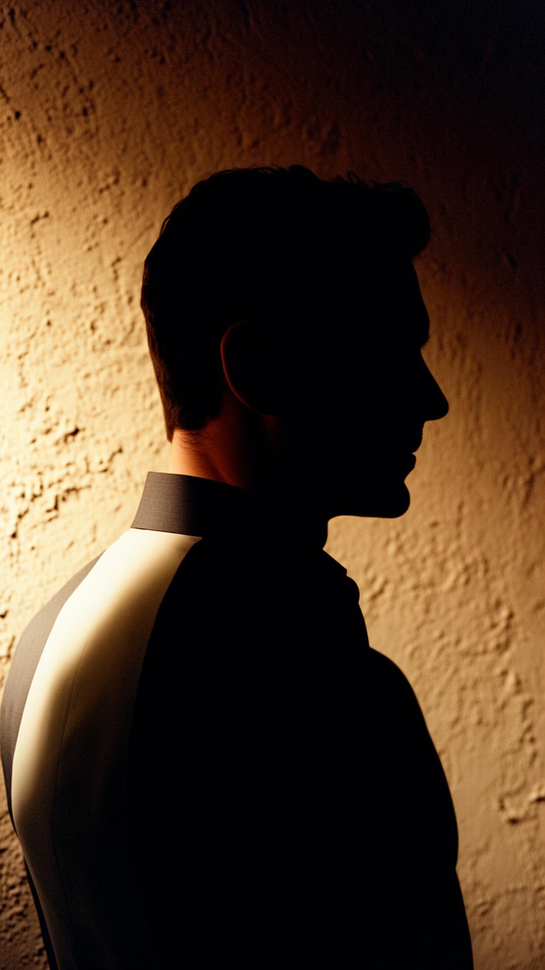 Side-profile silhouette of James in low light